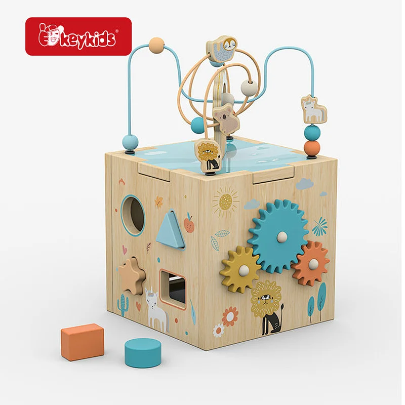Wooden Activity Cube Toy with Animal Bead Maze, Xylophone, Shape Sorter, Gears & Learning Cards for Toddlers W11B345
